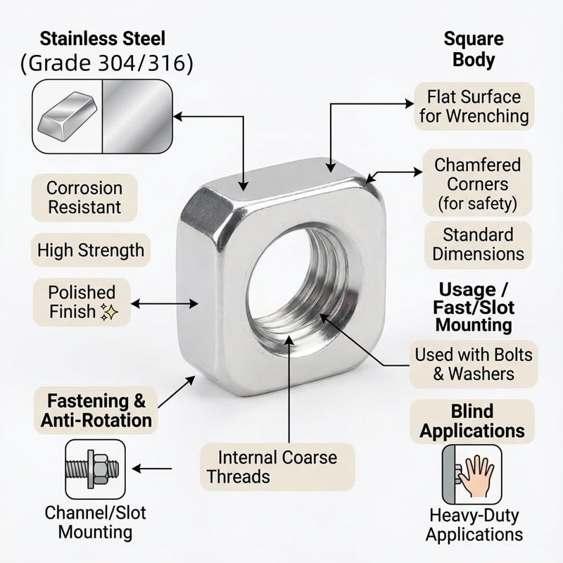 NACX M12 Stainless Steel Square Nuts – Heavy Duty Threaded Fasteners, Corrosion Resistant, for Furniture, Machinery, Metalworking, Construction, DIY Projects, 12PCS - Image 3